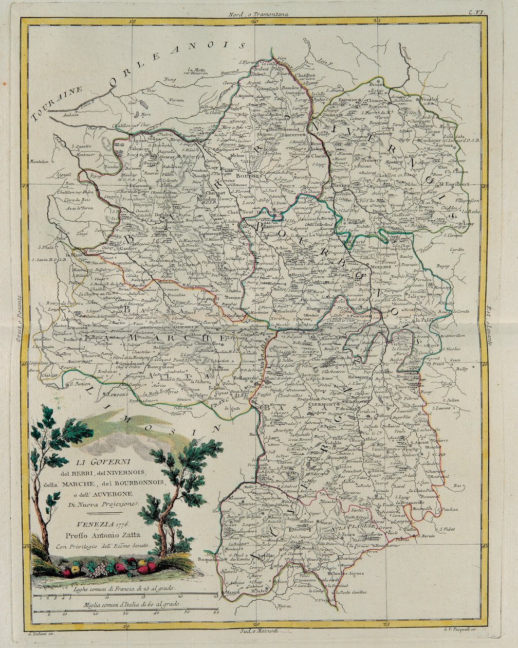 Governanze di Berri, Nivernois, Marche, Borbone e Alvernia, incisione di G. Zuliani tratta dal Tomo I del Nuovissimo Atlante pubblicato a Venezia nel 1776 da Antonio Zatta, Collezione Privata da G. Zuliani