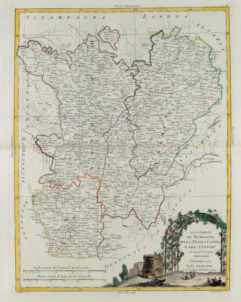 Governanze di Borgogna, Franca Contea e Lione, incisione di G. Zuliani tratta dal Tomo I del Nuovissimo Atlante pubblicato a Venezia nel 1777 da Antonio Zatta, Collezione Privata da G. Zuliani