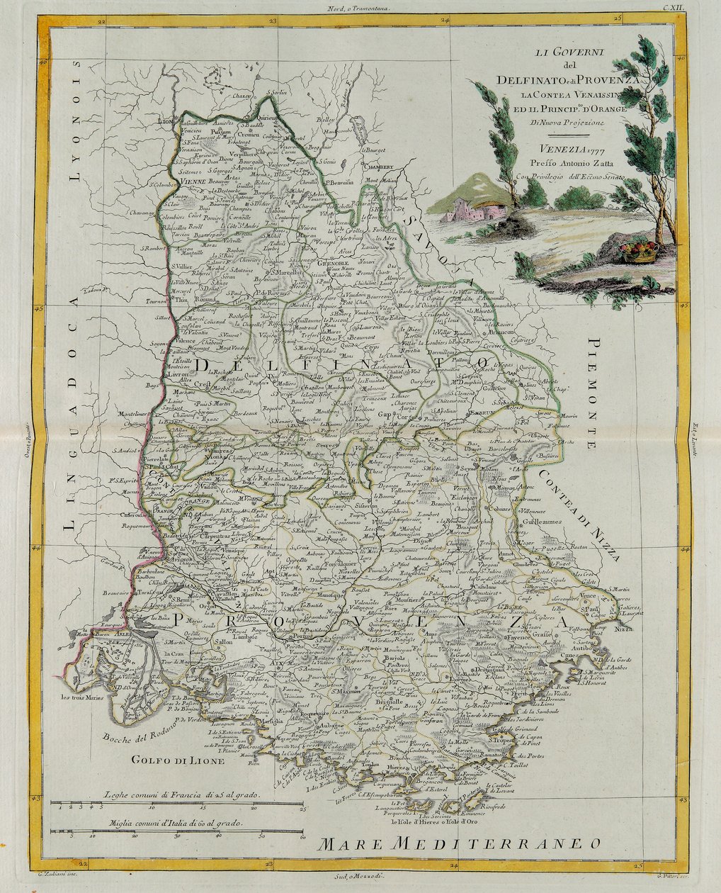 Governanze di Delfinato, Provenza, la Contea di Venaissin e il Principato di Orange, incisione di G. Zuliani tratta dal Tomo I del Nuovissimo Atlante pubblicato a Venezia nel 1777 da Antonio Zatta, Collezione Privata da G. Zuliani