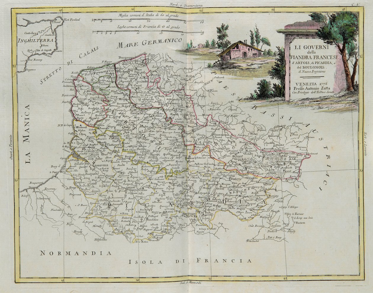 Governanze delle Fiandre Francesi, Artois, Piccardia e Boulonnais, incisione di G. Zuliani tratta dal Tomo I del Nuovissimo Atlante pubblicato a Venezia nel 1776 da Antonio Zatta, Collezione Privata da G. Zuliani