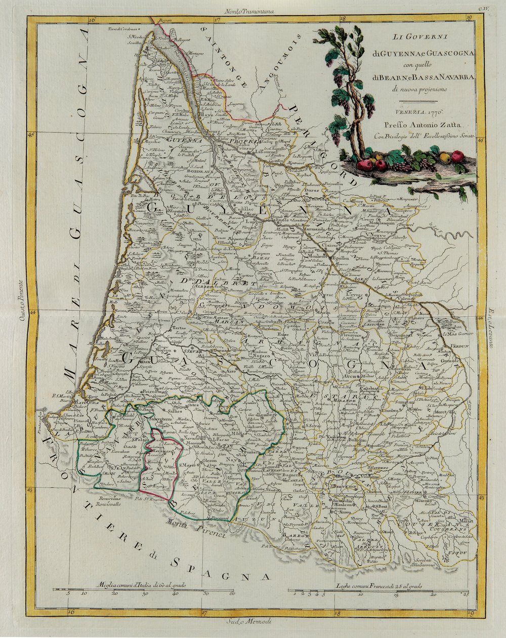 Governanze di Guienna e Guascogna con quella di Béarn e Bassa Navarra, incisione di G. Zuliani tratta dal Tomo I del Nuovissimo Atlante pubblicato a Venezia nel 1776 da Antonio Zatta, Collezione Privata da G. Zuliani
