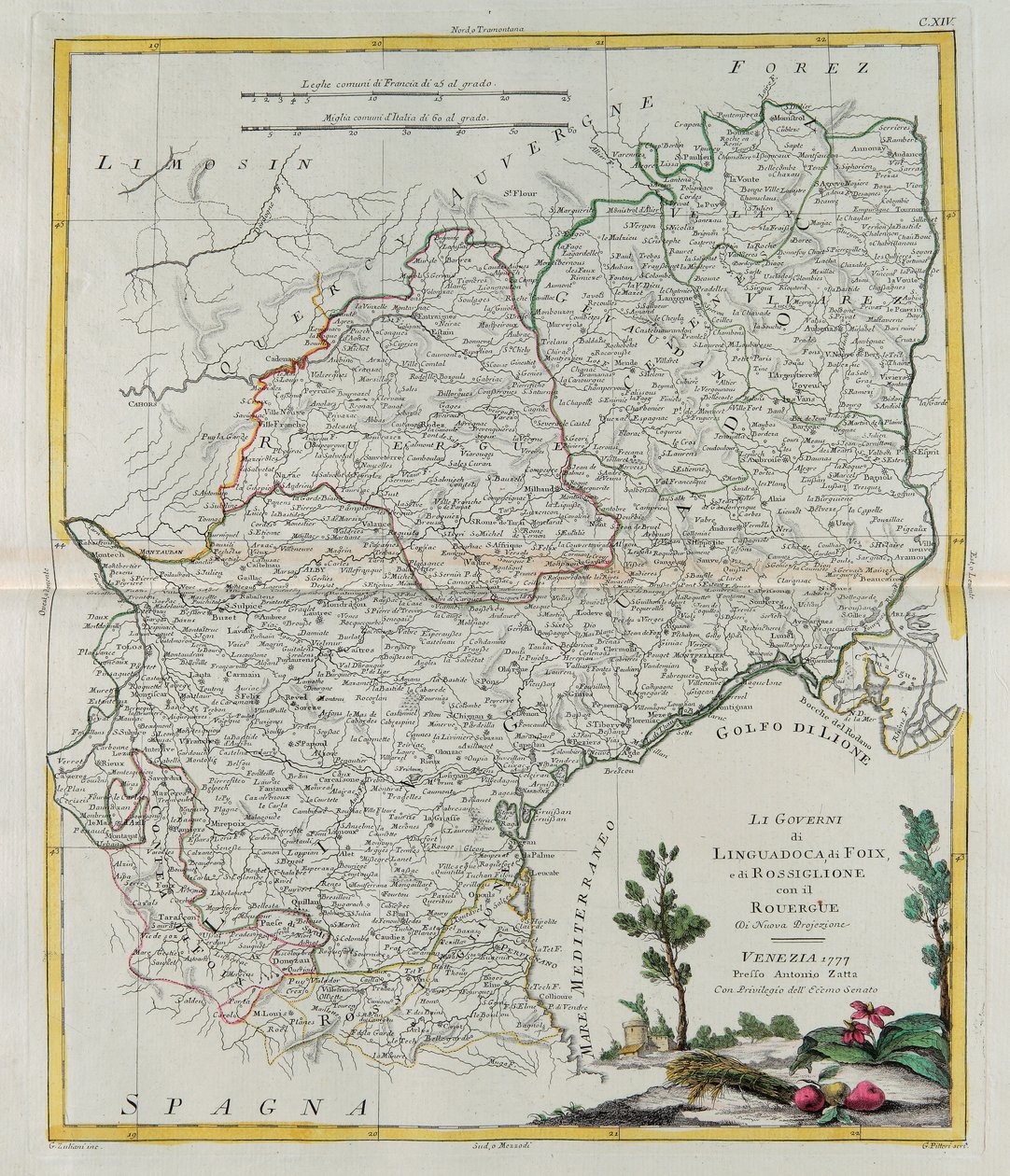 Governanze di Linguadoca, Foix e Rossiglione con Rouergue, incisione di G. Zuliani tratta dal Tomo I del Nuovissimo Atlante pubblicato a Venezia nel 1777 da Antonio Zatta, Collezione Privata da G. Zuliani