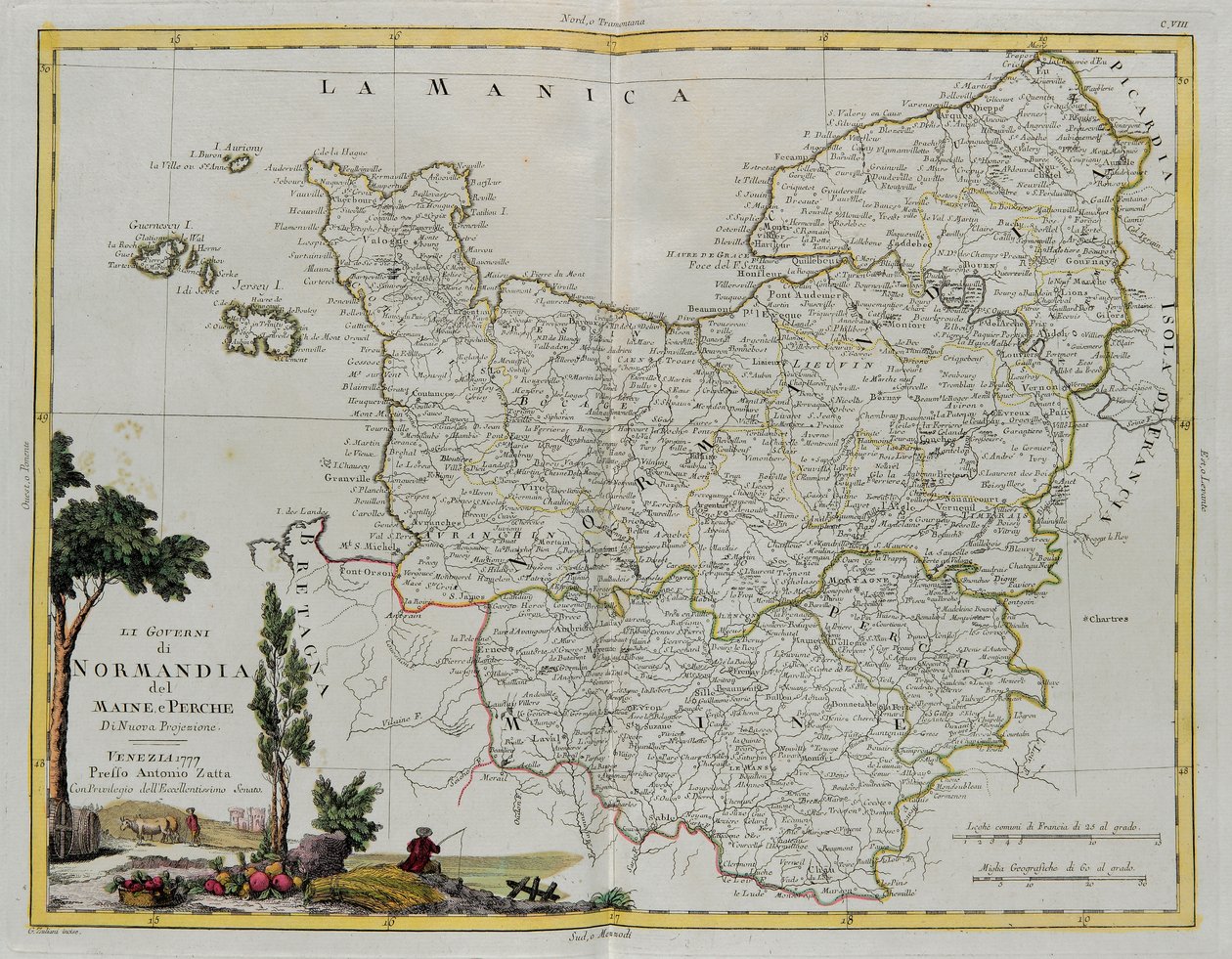 Governanze di Normandia, Maine e Perche, incisione di G. Zuliani tratta dal Tomo I del Nuovissimo Atlante pubblicato a Venezia nel 1777 da Antonio Zatta, Collezione Privata da G. Zuliani