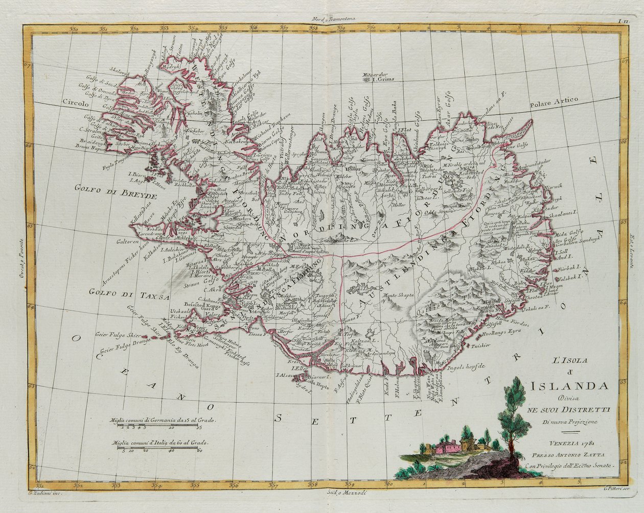 Islanda divisa nei suoi distretti, incisione di G. Zuliani tratta dal Tome III del "Nuovissimo Atlante" pubblicato a Venezia nel 1781 da Antonio Zatta, Collezione Privata da G. Zuliani