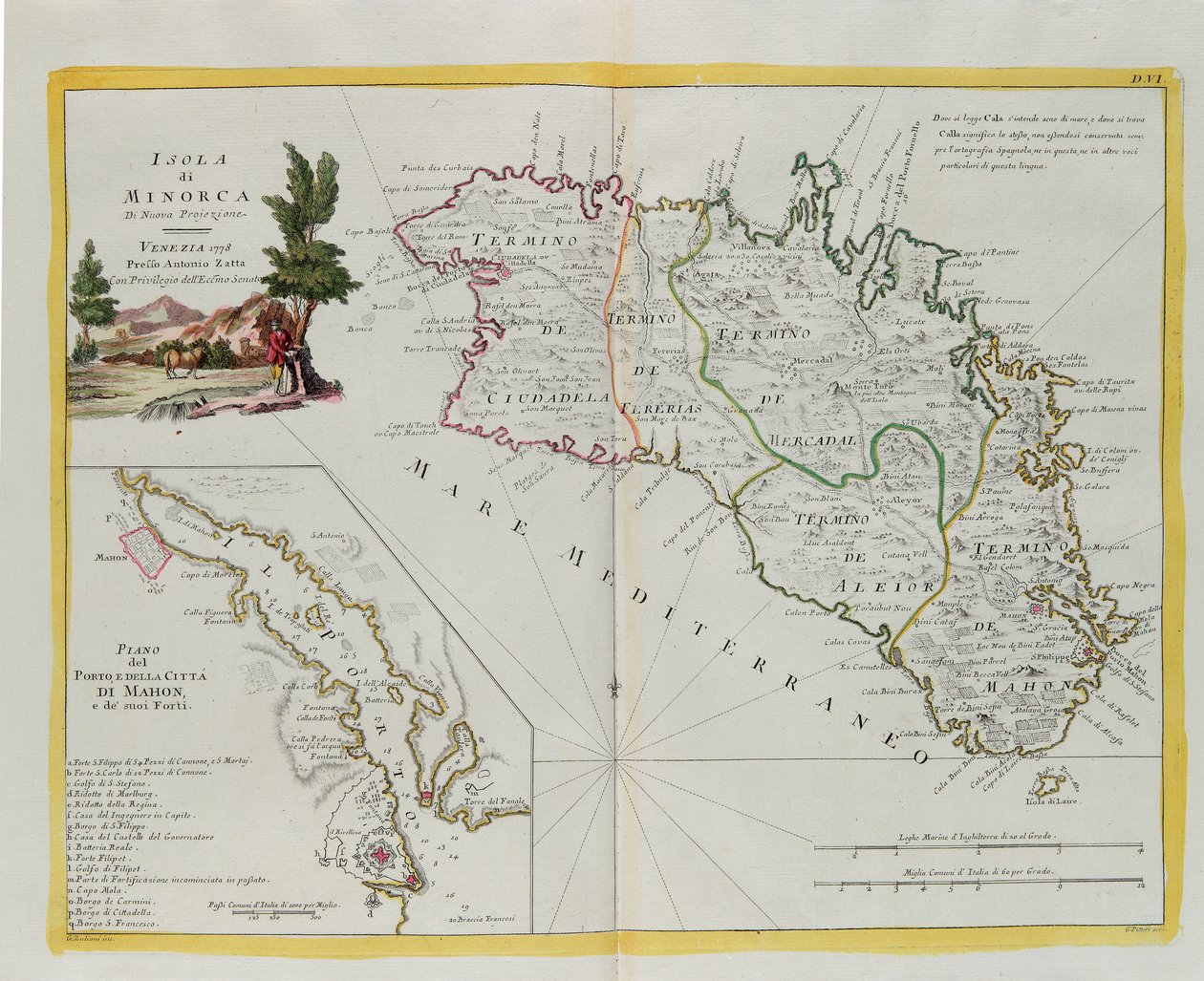 Isola di Minorca e il piano del porto e della città di Mahon e dei suoi Forti, incisione di G. Zuliani tratta dal Tomo I del "Nuovissimo Atlante" pubblicato a Venezia nel 1778 da Antonio Zatta, Collezione Privata da G. Zuliani