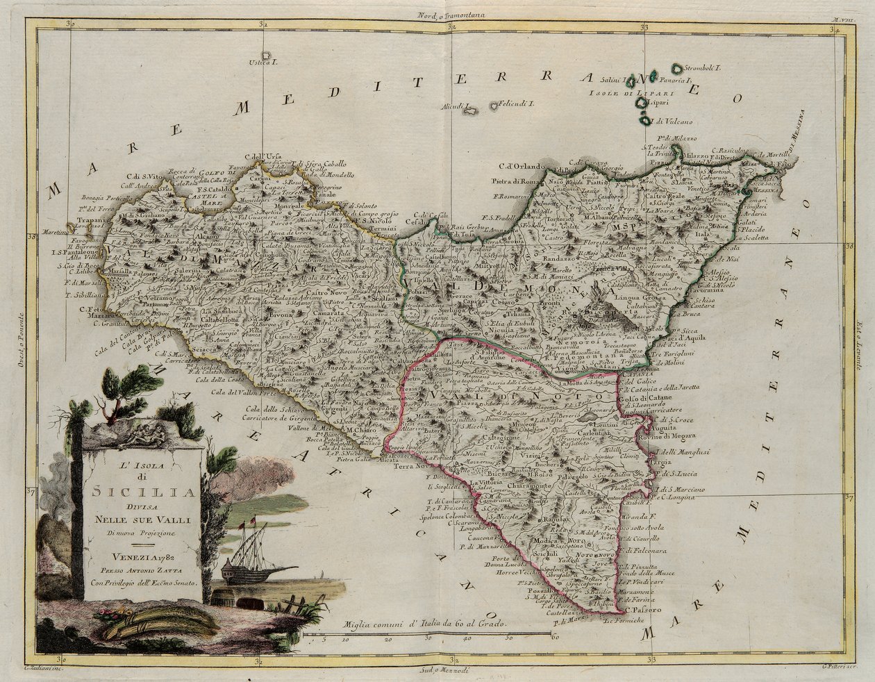 Isola di Sicilia, divisa nelle sue valli, incisione di G. Zuliani tratta dal Tomo II del Nuovissimo Atlante pubblicato a Venezia nel 1782 da Antonio Zatta, Collezione Privata da G. Zuliani
