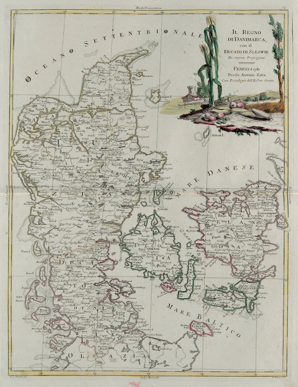 Regno di Danimarca con il Ducato di Slesvik, incisione di G. Zuliani tratta dal Tomo III del "Novissimo Atlante" pubblicato a Venezia nel 1781 da Antonio Zatta, Collezione Privata da G. Zuliani