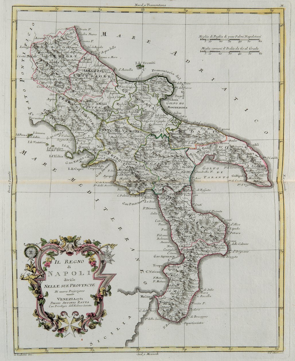 Regno di Napoli diviso nelle sue province, incisione di G. Zuliani tratta dal Tome II del "Nuovissimo Atlante" pubblicato a Venezia nel 1781 da Antonio Zatta, Collezione Privata da G. Zuliani