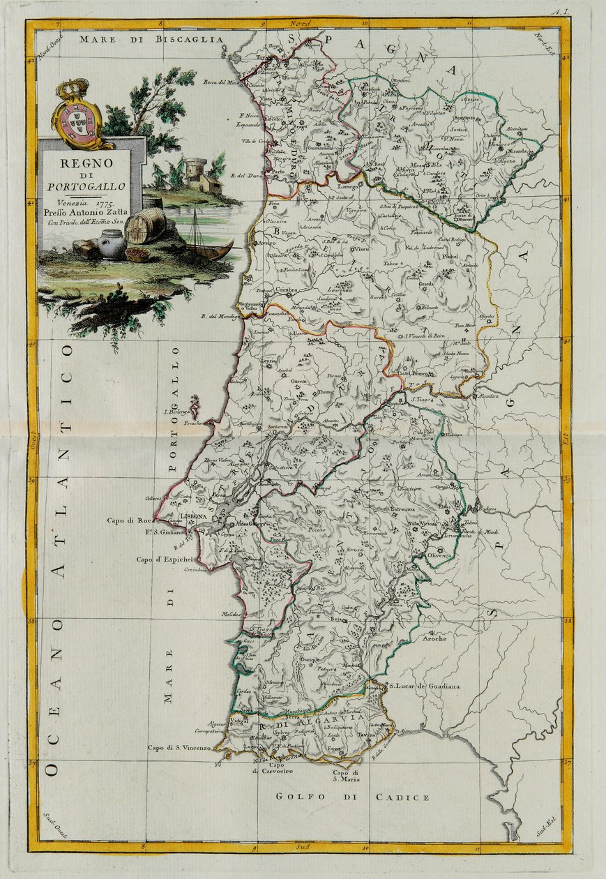 Regno del Portogallo, incisione di G. Zuliani tratta dal Tomo I del Nuovissimo Atlante pubblicato a Venezia nel 1776 da Antonio Zatta, Collezione Privata da G. Zuliani