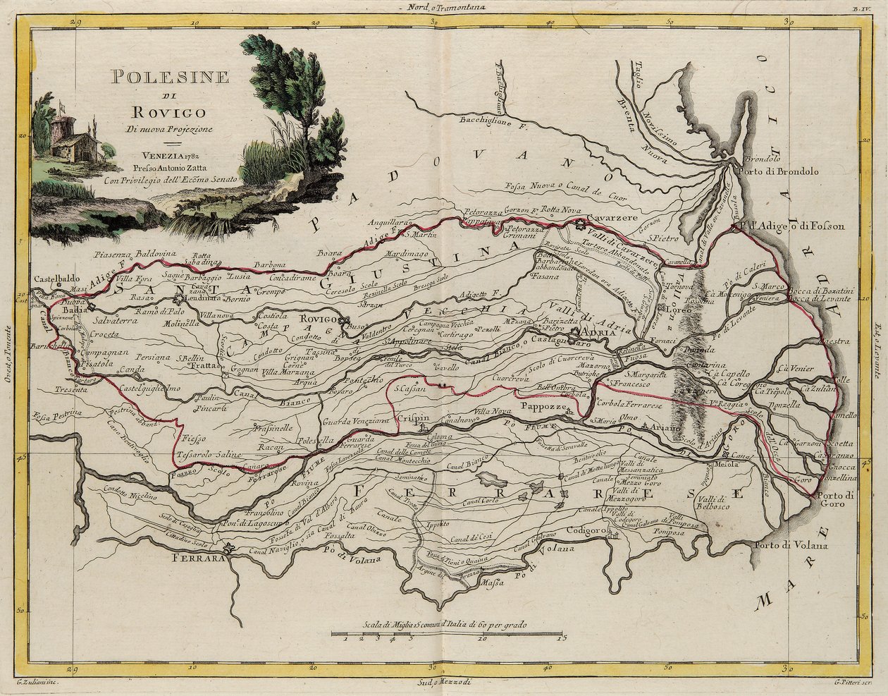 Territorio dello Stato del Veneto: area di Rovigo, incisione di G. Zuliani tratta dal Tomo II del "Nuovo Atlante" pubblicato a Venezia nel 1782 da Antonio Zatta, Collezione Privata da G. Zuliani