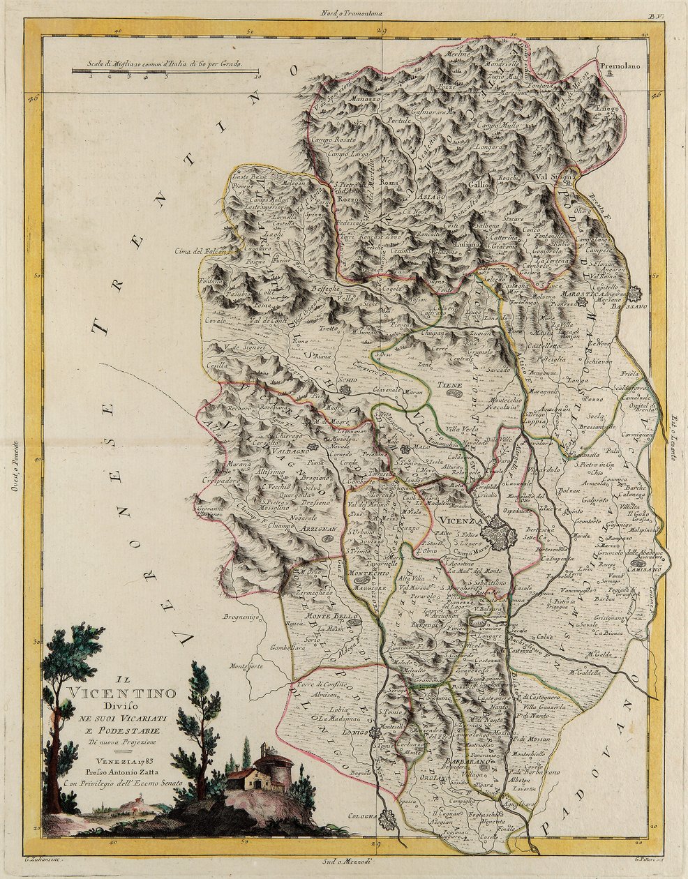 Territorio dello Stato del Veneto: area di Vicenza divisa nei suoi vescovati e magistrature, incisione di G. Zuliani tratta dal Tome II del "Nuovissimo Atlante" pubblicato a Venezia nel 1782 da Antonio Zatta, Collezione Privata da G. Zuliani