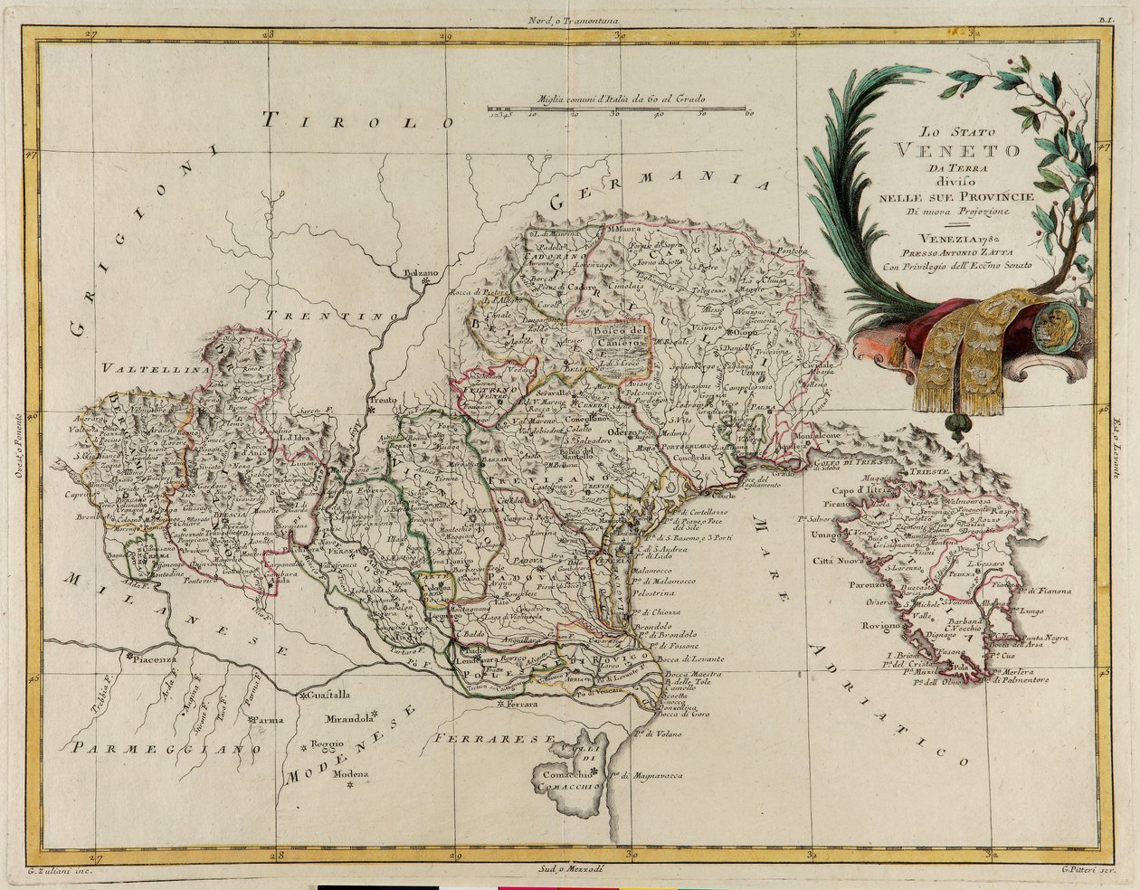 Territorio dello Stato del Veneto, diviso nelle sue Province, incisione di G. Zuliani tratta dal Tomo II del "Nuovissimo Atlante" pubblicato a Venezia nel 1782 da Antonio Zatta, Collezione Privata da G. Zuliani