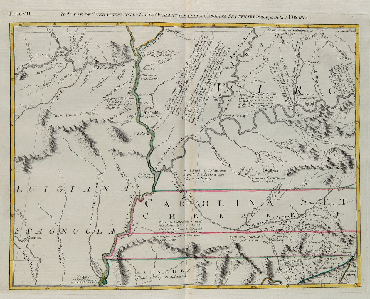 Terra dei Cherokee con la parte occidentale della Carolina del Nord e della Virginia, incisione di G. Zuliani tratta dal Tomo I del "Nuovo Atlante" pubblicato a Venezia nel 1778 da Antonio Zatta, Collezione Privata da G. Zuliani