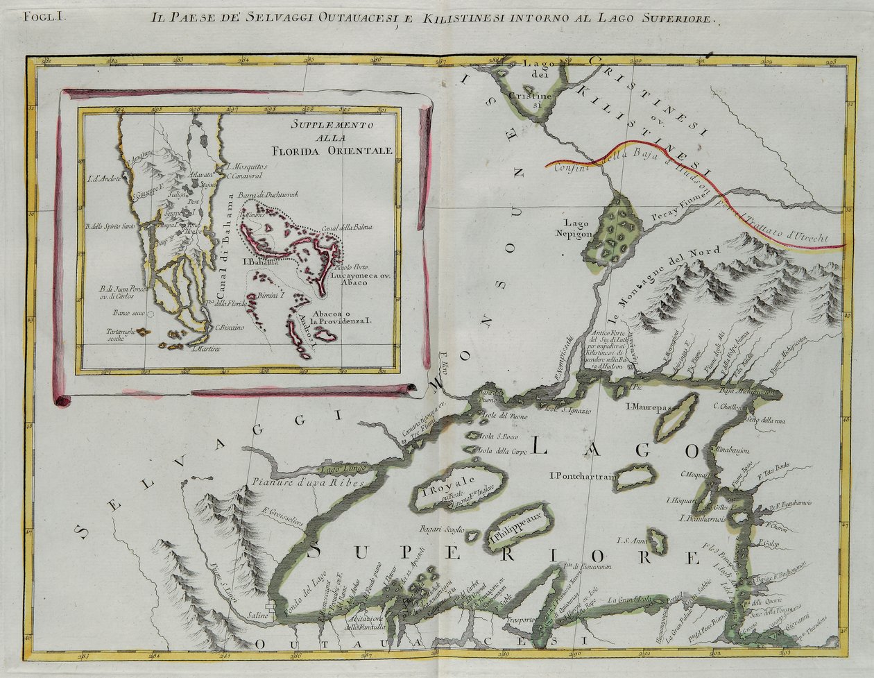 Terra degli Indiani Ottawa e Kilistine intorno al Lago Superiore e un supplemento della Florida orientale, incisione di G. Zuliani tratta dal Tomo I del "Novissimo Atlante" pubblicato a Venezia nel 1778 da Antonio Zatta, Collezione Privata da G. Zuliani