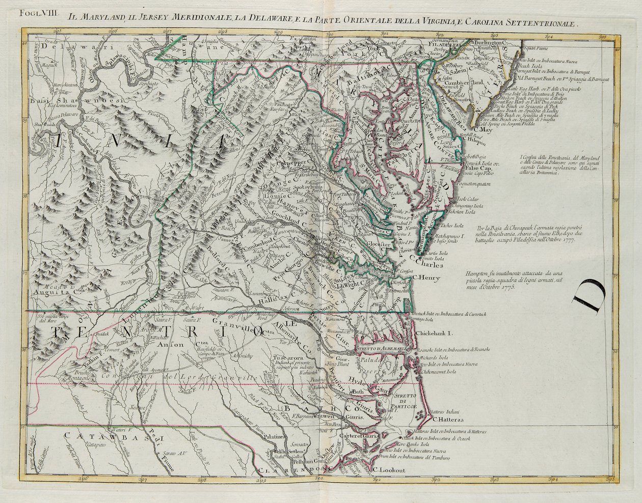 Maryland, sud del New Jersey, Delaware e la parte orientale della Virginia e della Carolina del Nord, incisione di G. Zuliani tratta dal Tomo I del "Novissimo Atlante" pubblicato a Venezia nel 1778 da Antonio Zatta, Collezione Privata da G. Zuliani