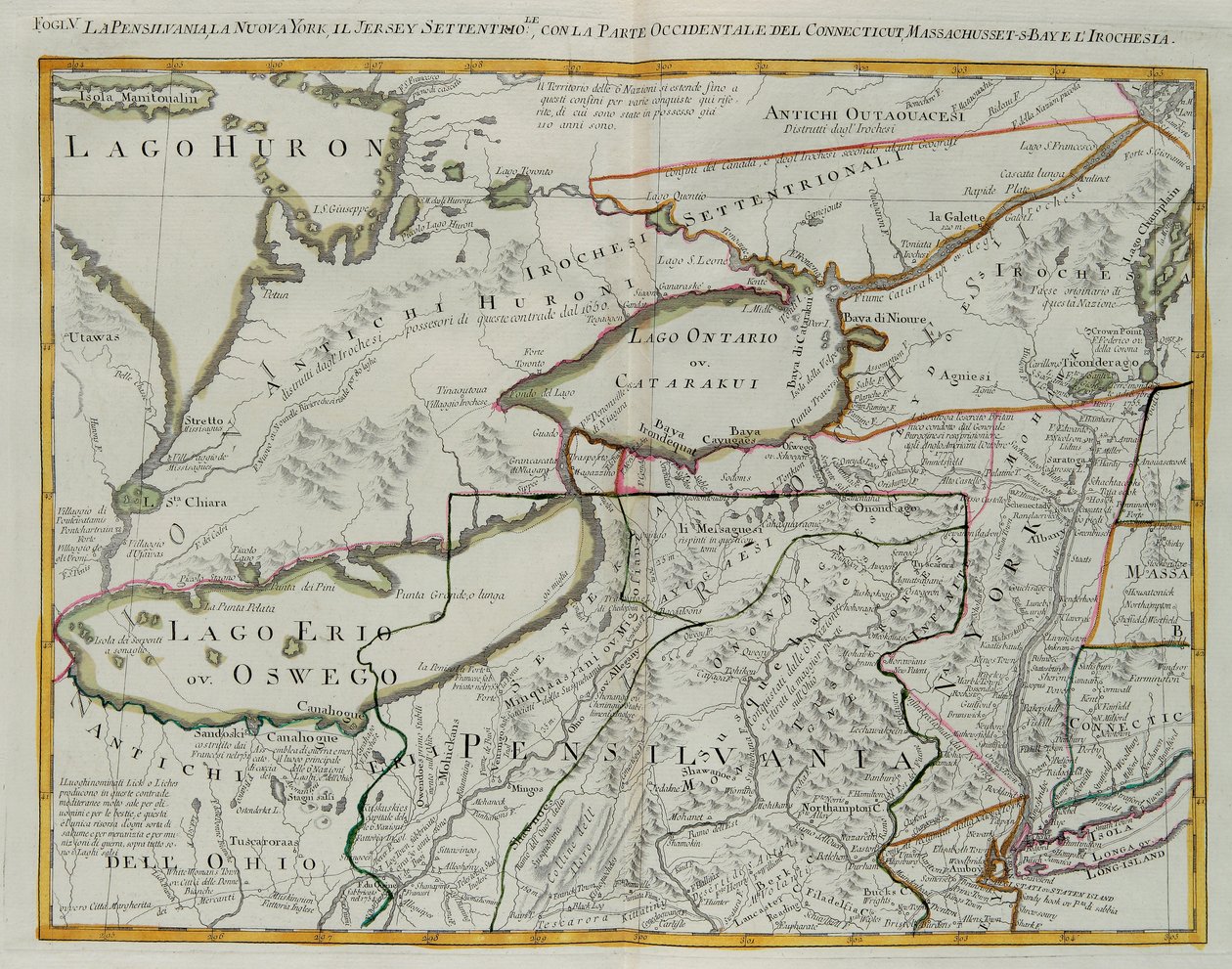 Pennsylvania, New York, sud del New Jersey, con la parte occidentale del Connecticut, Massachusetts Bay e Terra degli Irochesi, incisione di G. Zuliani tratta dal Tomo I del "Nuovissimo Atlante" pubblicato a Venezia nel 1778 da Antonio Zatta, Collezione Pr da G. Zuliani