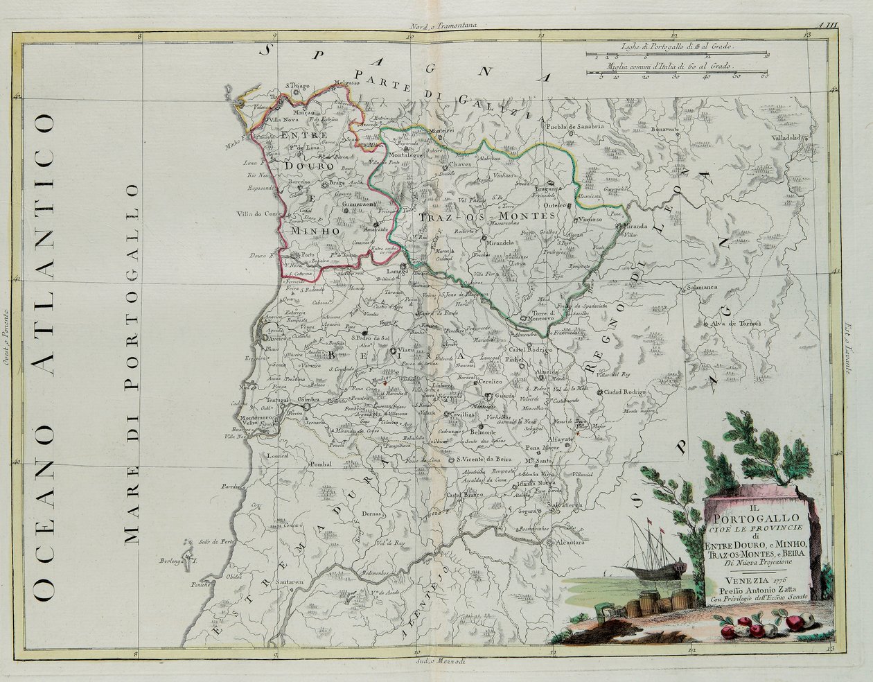 Portogallo, cioè le province di Entre Douro, Minho, Traz-os-Montes e Beira, incisione di G. Zuliani tratta dal Tomo I del Nuovissimo Atlante pubblicato a Venezia nel 1776 da Antonio Zatta, Collezione Privata da G. Zuliani