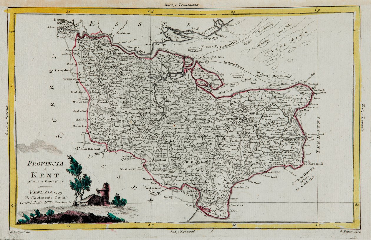 Provincia del Kent, incisione di G. Zuliani tratta dal Tomo I del "Nuovissimo Atlante" pubblicato a Venezia nel 1779 da Antonio Zatta, Collezione Privata da G. Zuliani