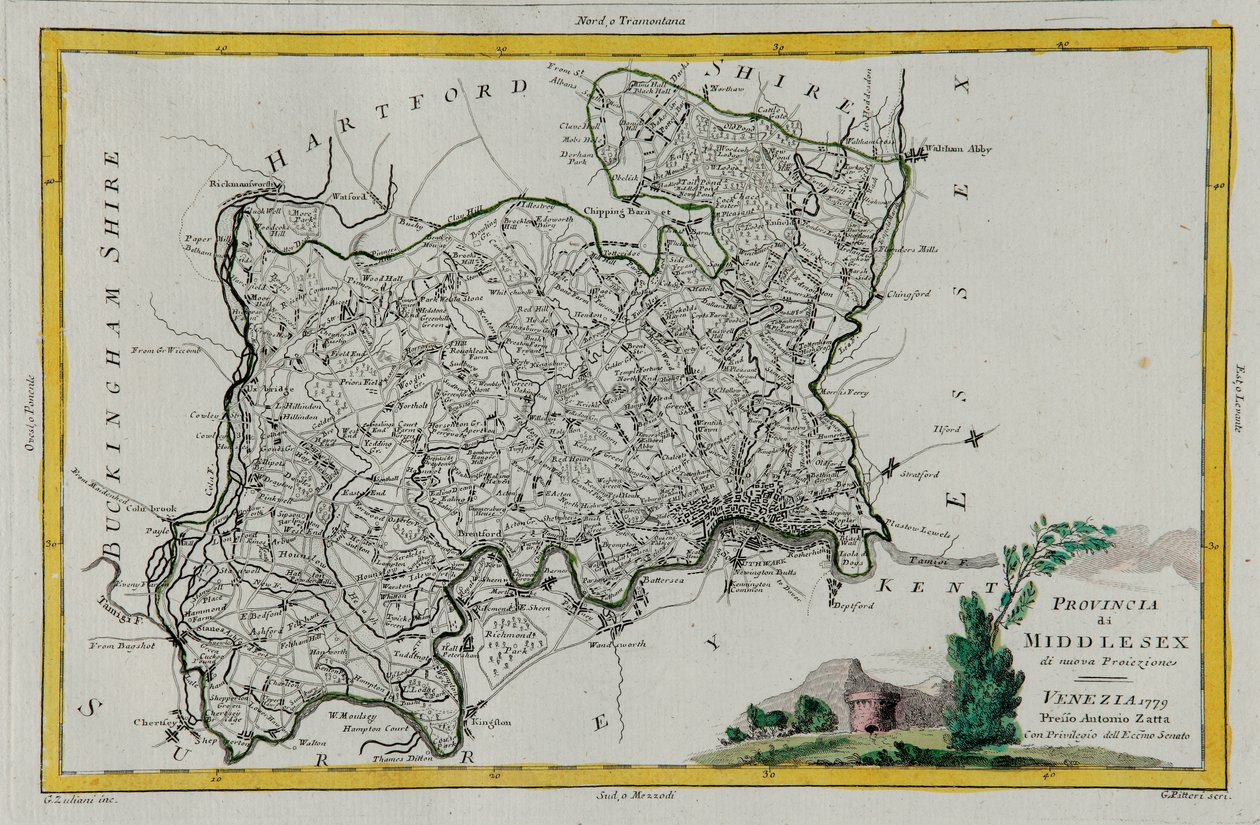 Provincia del Middlesex, incisione di G. Zuliani tratta dal Tomo I del "Novissimo Atlante" pubblicato a Venezia nel 1779 da Antonio Zatta, Collezione Privata da G. Zuliani
