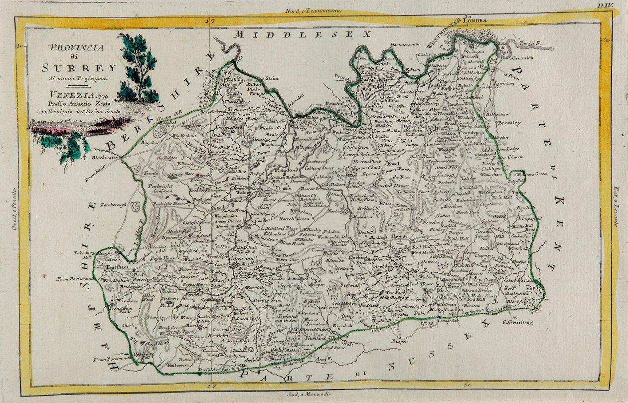 Provincia del Surrey, incisione di G. Zuliani tratta dal Tomo I del "Nuovissimo Atlante" pubblicato a Venezia nel 1779 da Antonio Zatta, Collezione Privata da G. Zuliani