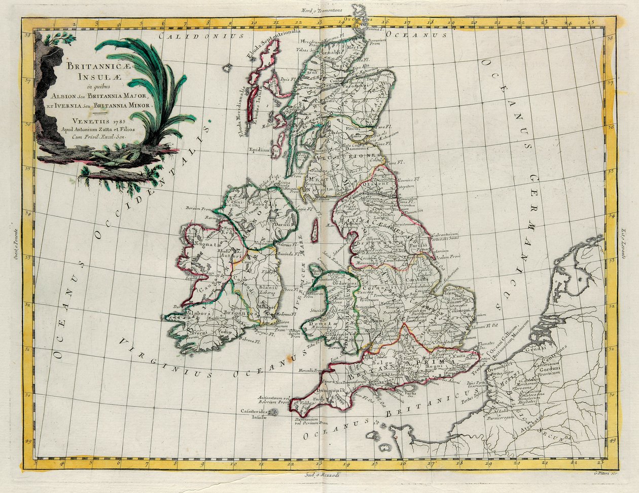 Le Isole Britanniche in cui si trovano Albion o Gran Bretagna e Ivernia o Piccola Bretagna, incisione di G. Zuliani tratta dal Tomo I del Nuovissimo Atlante pubblicato a Venezia nel 1785 da Antonio Zatta da G. Zuliani
