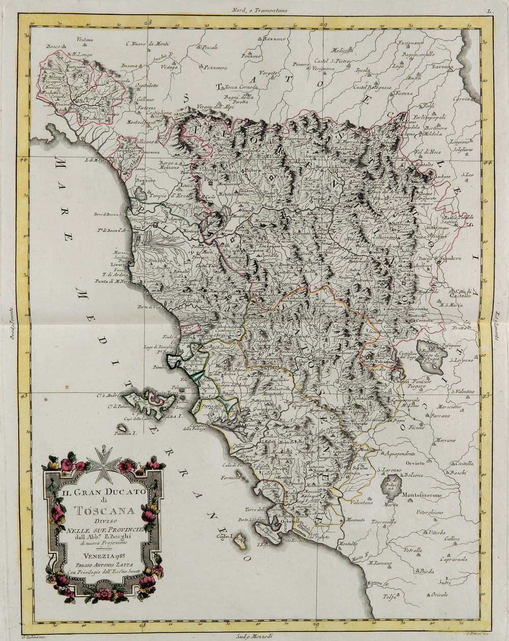 Il Granducato di Toscana diviso nelle sue province, incisione di G. Zuliani tratta dal Tome II del "Nuovissimo Atlante" pubblicato a Venezia nel 1783 da Antonio Zatta, Collezione Privata da G. Zuliani