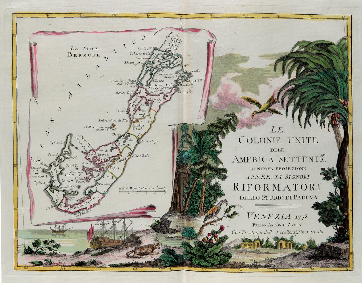 Le Isole Bermuda e il frontespizio della sezione dedicata alle Colonie Unite del Nord America, incisione di G. Zuliani tratta dal Tomo I del "Novissimo Atlante" pubblicato a Venezia nel 1778 da Antonio Zatta, Collezione Privata da G. Zuliani
