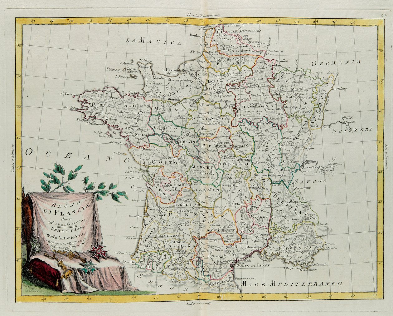 Il Regno di Francia diviso nelle sue governanze, incisione di G. Zuliani tratta dal Tomo I del Nuovissimo Atlante pubblicato a Venezia nel 1776 da Antonio Zatta, Collezione Privata da G. Zuliani