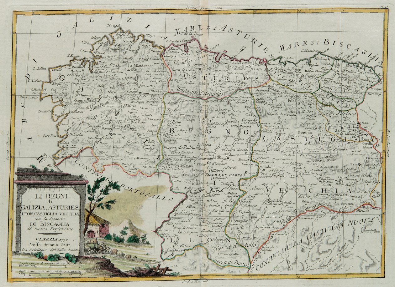 I Regni di Galizia, Asturie, Leon, Castilla Vieja con il Consiglio di Biscaglia, incisione di G. Zuliani tratta dal Tomo I del Nuovissimo Atlante pubblicato a Venezia nel 1776 da Antonio Zatta, Collezione Privata da G. Zuliani