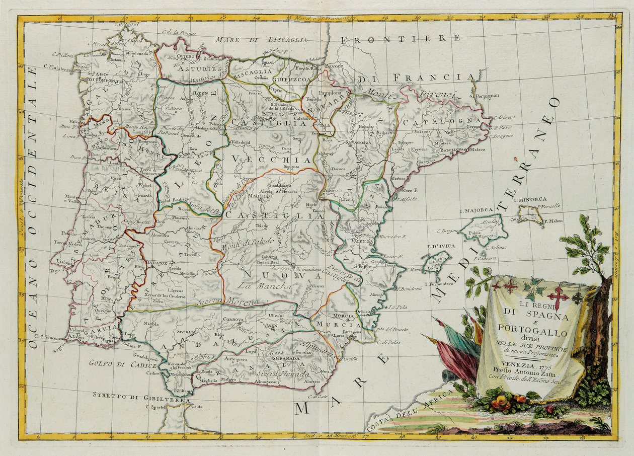 I regni di Spagna e Portogallo divisi nelle loro province, incisione di G. Zuliani tratta dal Tomo I del Nuovo Atlante pubblicato a Venezia nel 1775 da Antonio Zatta, Collezione Privata da G. Zuliani