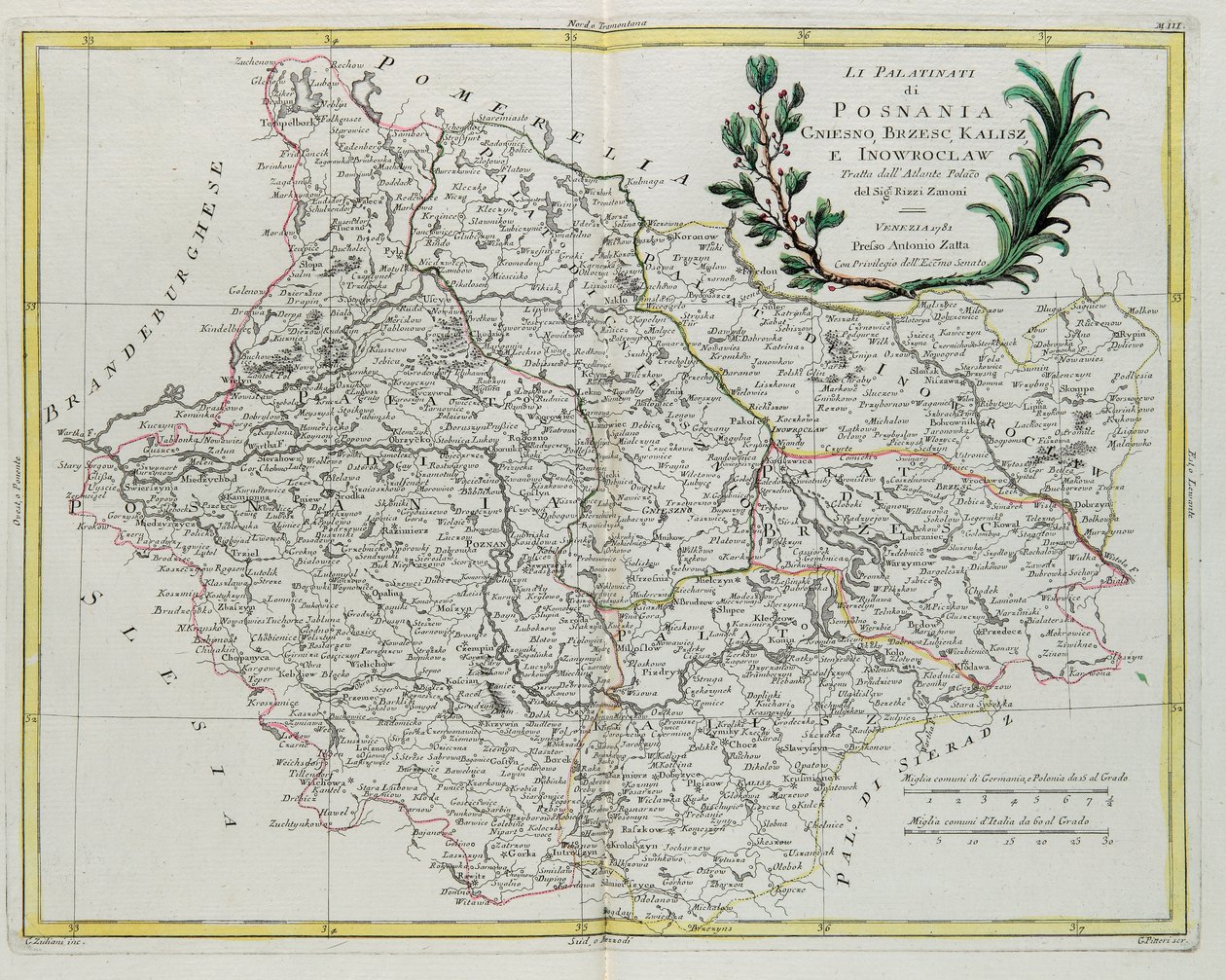 I Palatinati di Posnania, Gniesno, Brzesc, Kalisz e Inovroclav, incisione di G. Zuliani tratta dal Tomo III del "Novissimo Atlante" pubblicato a Venezia nel 1781 da Antonio Zatta, Collezione Privata da G. Zuliani