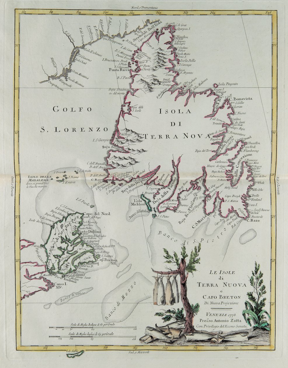 Le isole di Terranova e Capo Bretone, incisione di G. Zuliani tratta dal Tome I del "Nuovissimo Atlante" pubblicato a Venezia nel 1778 da Antonio Zatta, Collezione Privata da G. Zuliani