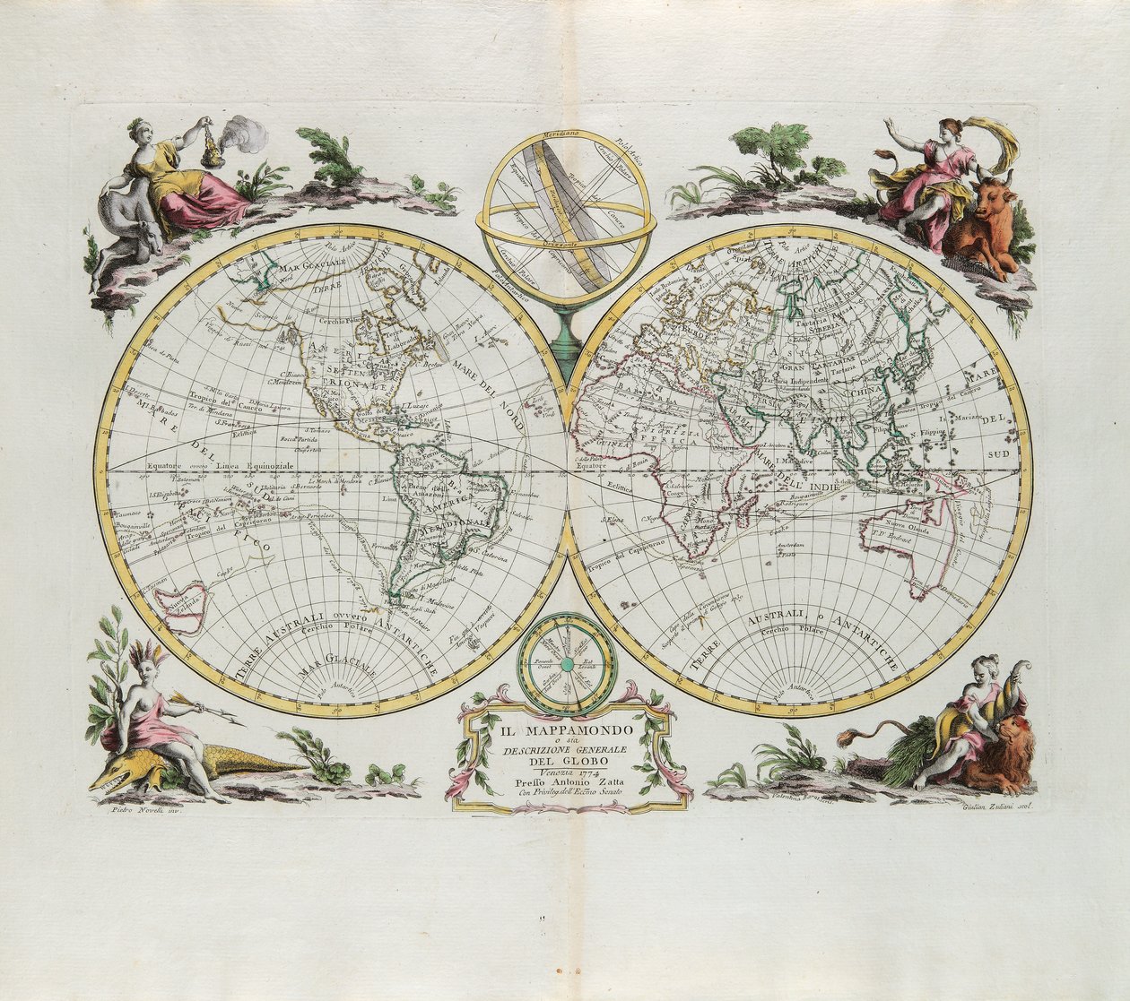 Mappa del mondo e una descrizione generale del globo, incisione di G. Zuliani tratta dal Tomo I del Nuovissimo Atlante pubblicato a Venezia nel 1774 da Antonio Zatta da G. Zuliani