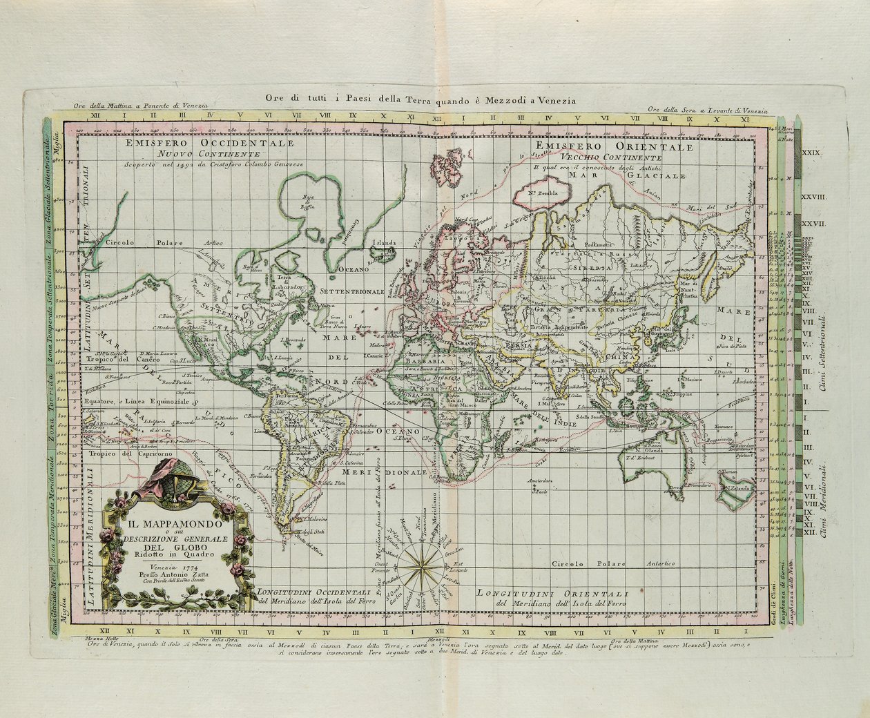 Mappa del mondo e una descrizione generale del globo, ridotta a immagine, incisione di G. Zuliani tratta dal Tomo I del "Nuovissimo Atlante" pubblicato a Venezia nel 1774 da Antonio Zatta da G. Zuliani