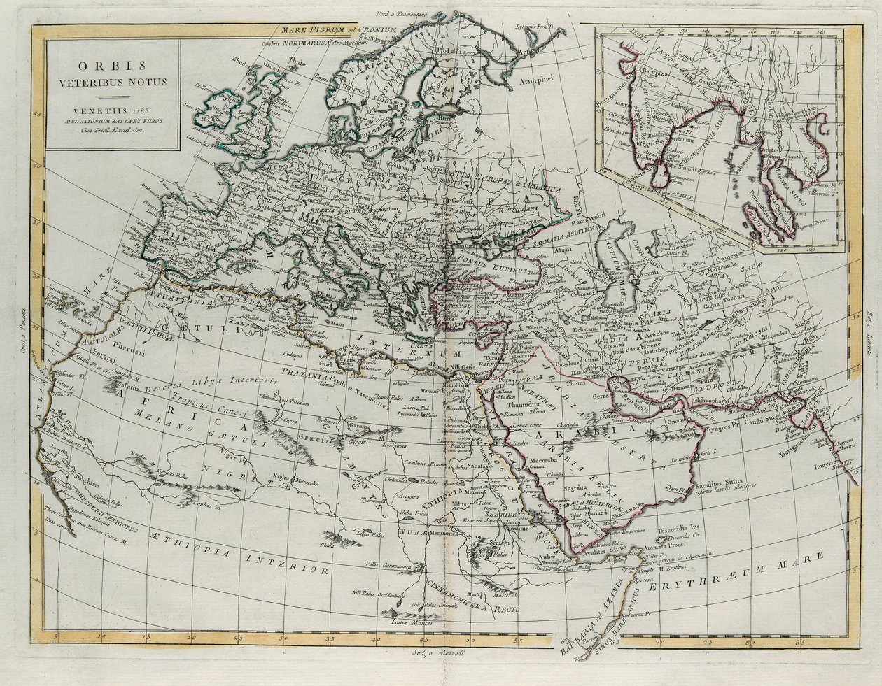 Mondo conosciuto dagli Antichi, incisione di G. Zuliani tratta dal Tomo IV del Nuovissimo Atlante pubblicato a Venezia nel 1785 da Antonio Zatta, Collezione Privata da G. Zuliani