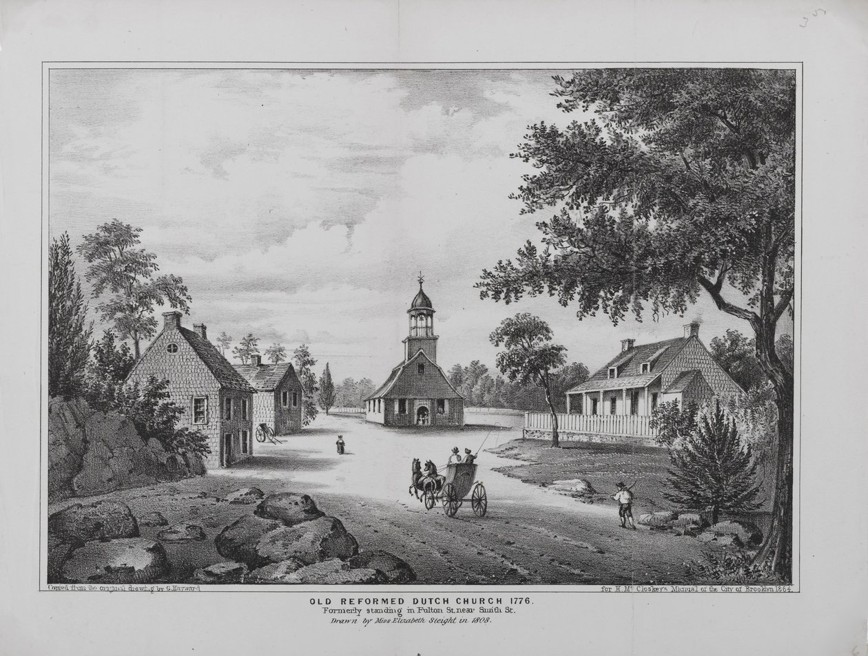Vecchia Chiesa Riformata Olandese nel 1776, disegnata da Miss Elizabeth Sleight nel 1808, stampata per il Manuale della Città di Brooklyn di H. McCloskey, 1864 da G. after Hayward