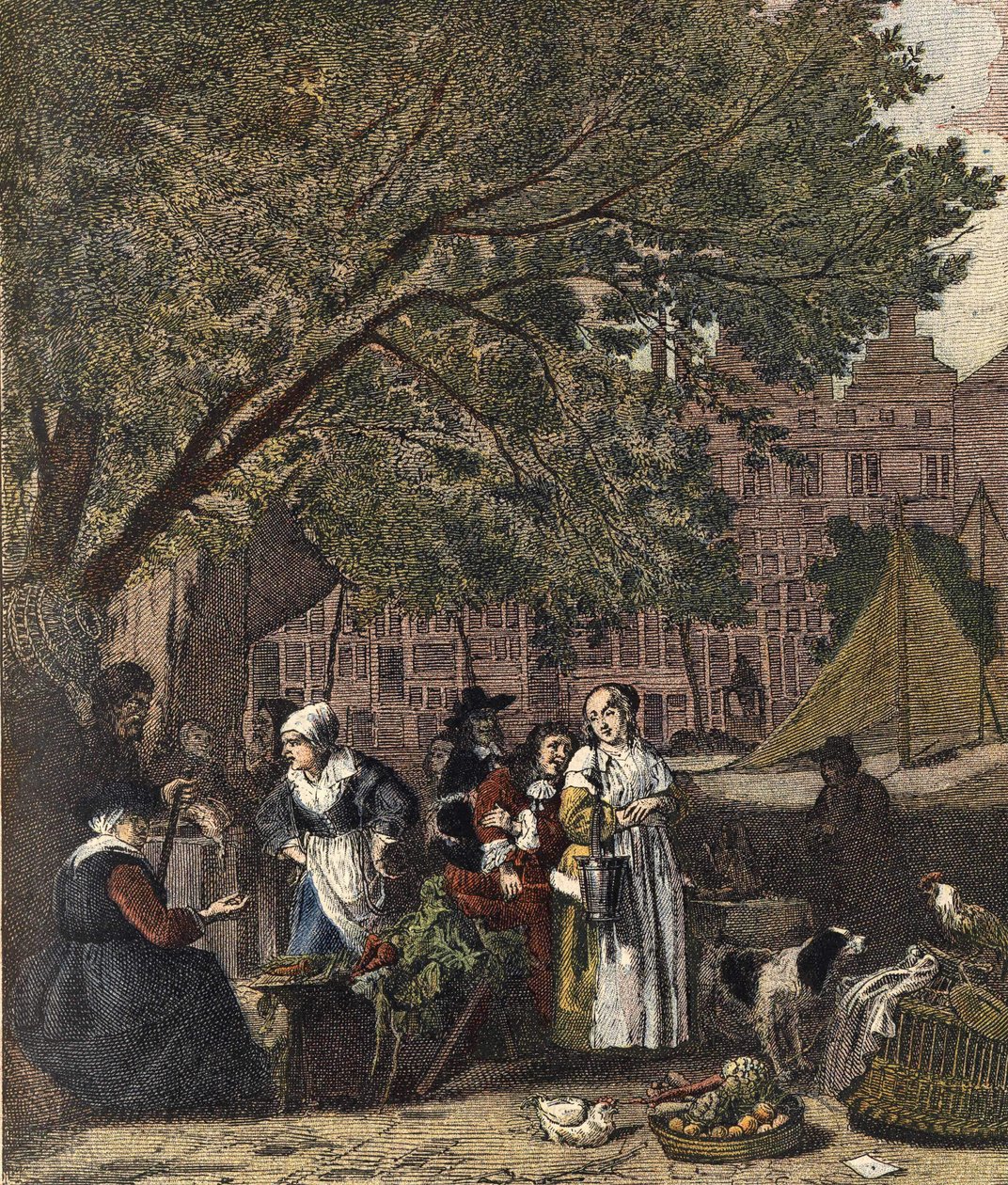 Il mercato delle erbe di Amsterdam. Incisione del XIX secolo dopo il dipinto di Gabriel Metsu (1629-1667). da Gabriel (after) Metsu
