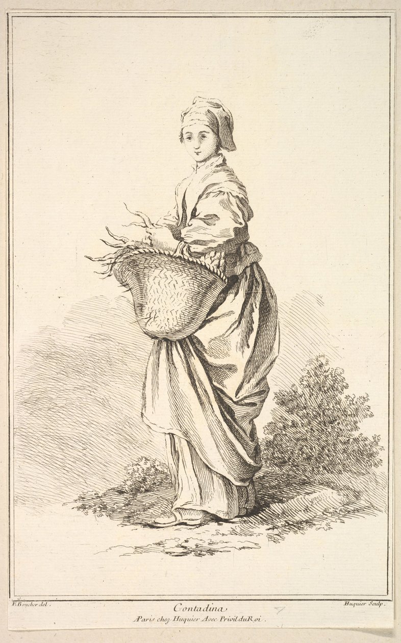Contadina, da Recueil de diverses figures étrangères Inventées par F. Boucher P...., 18° secolo da Gabriel Huquier