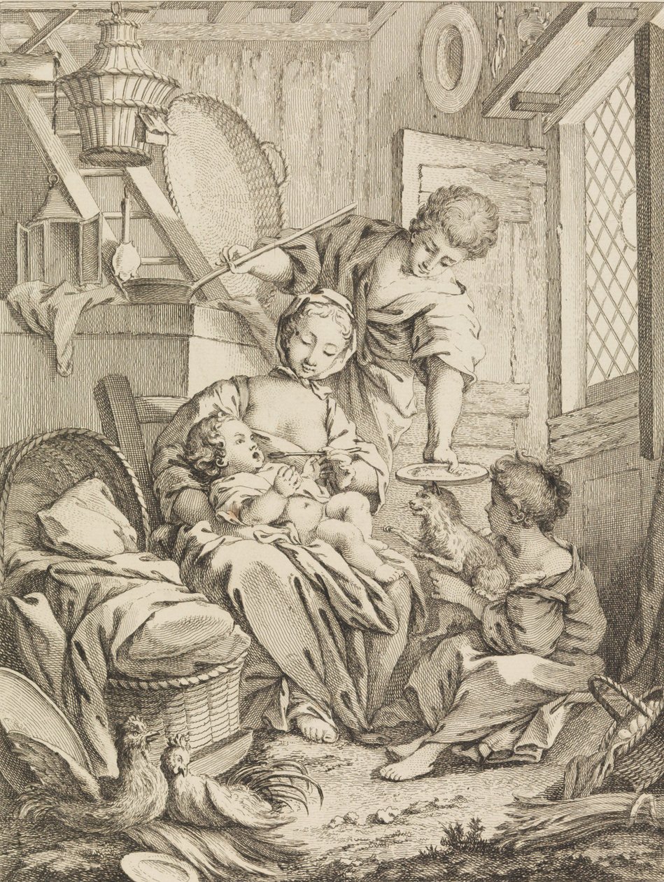 Tavola 1: Giovane donna che allatta il suo bambino, da Premier Livre de Sujets et Pastorales Fi..., 1720-72 da Gabriel Huquier