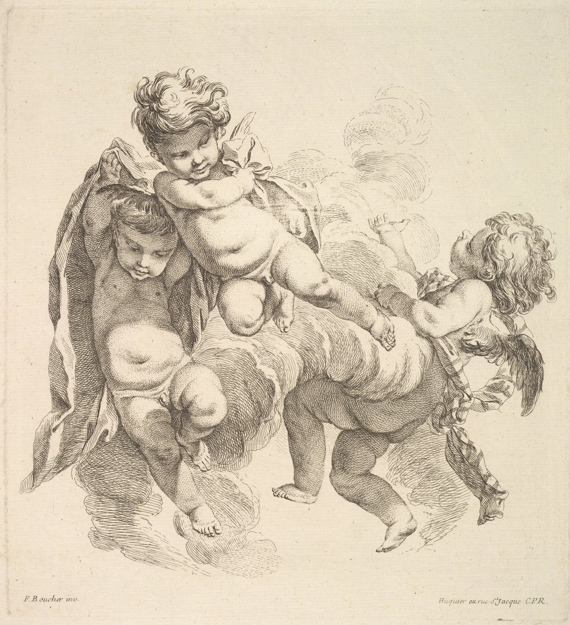 Tre bambini tra le nuvole che portano un drappo, 1738-45 da Gabriel Huquier