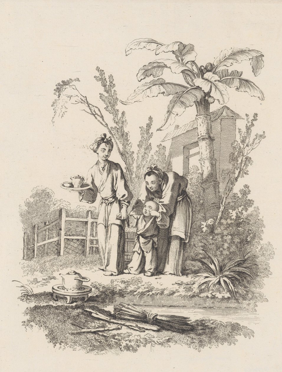 Due Donne che Conducono un Bambino verso una Teiera su un Tavolo vicino a uno Stagno, ca. 1742 da Gabriel Huquier