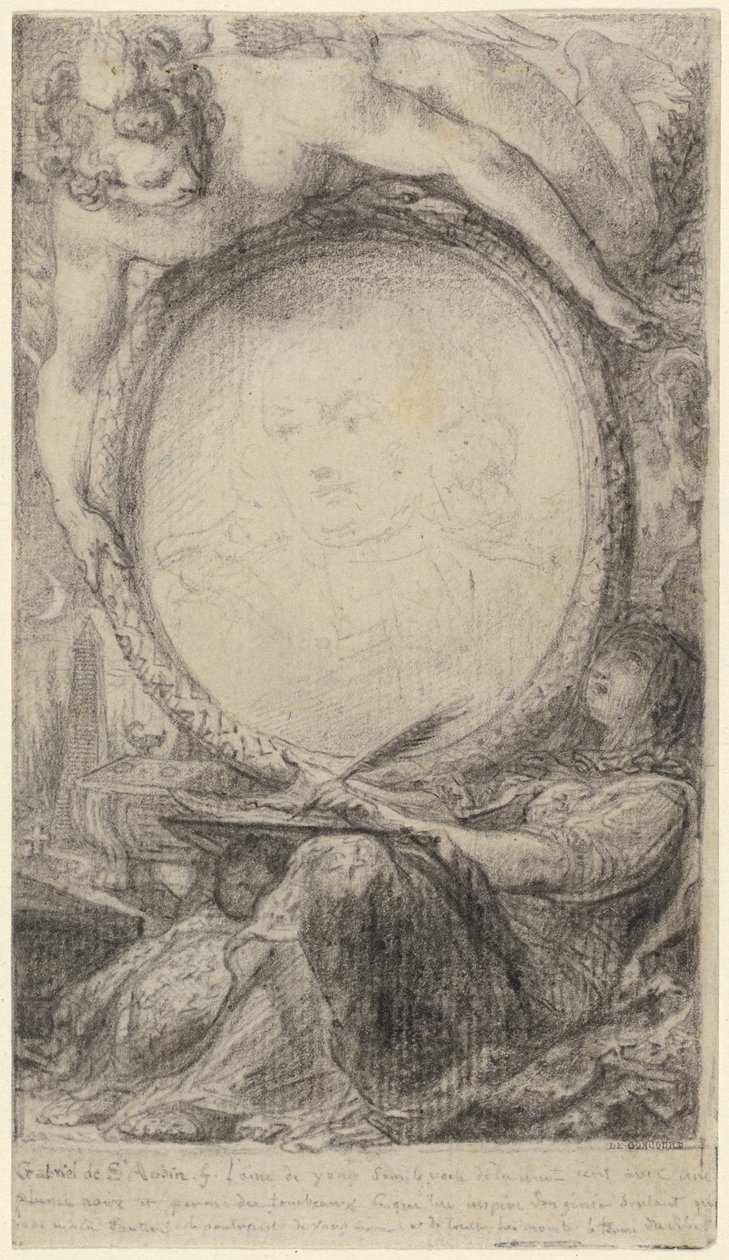 Cornice allegorica con un genio e una donna velata che scrive da Gabriel Jacques de Saint Aubin