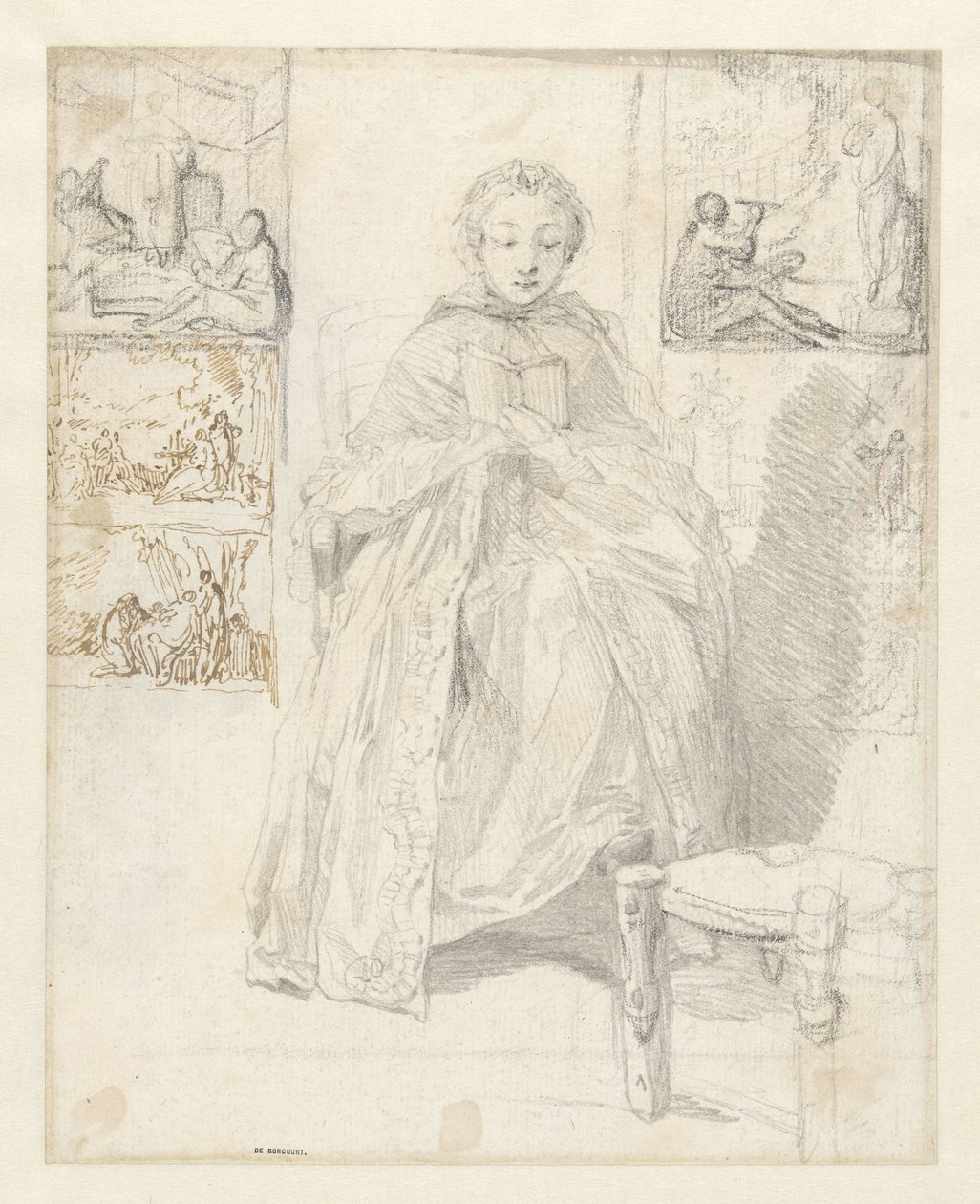 Foglio di studio con una donna che legge e alcuni schizzi da Gabriel Jacques de Saint Aubin