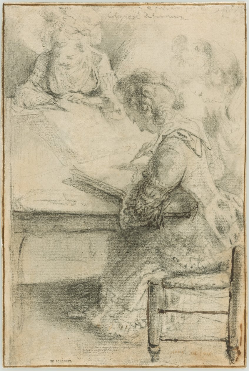 Tre giovani donne che disegnano a un tavolo da Gabriel Jacques de Saint Aubin