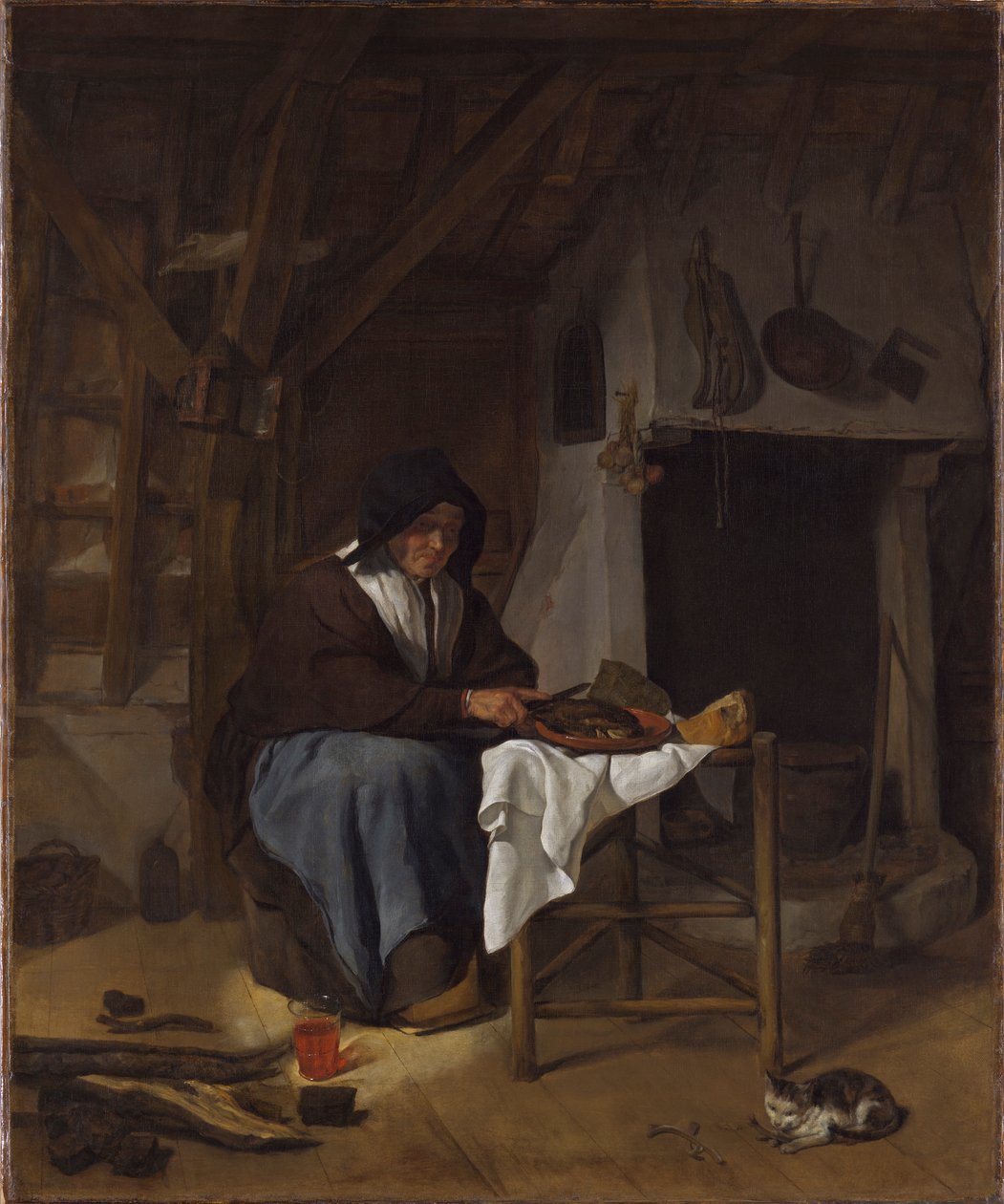 Donna anziana a tavola in un interno da Gabriel Metsu