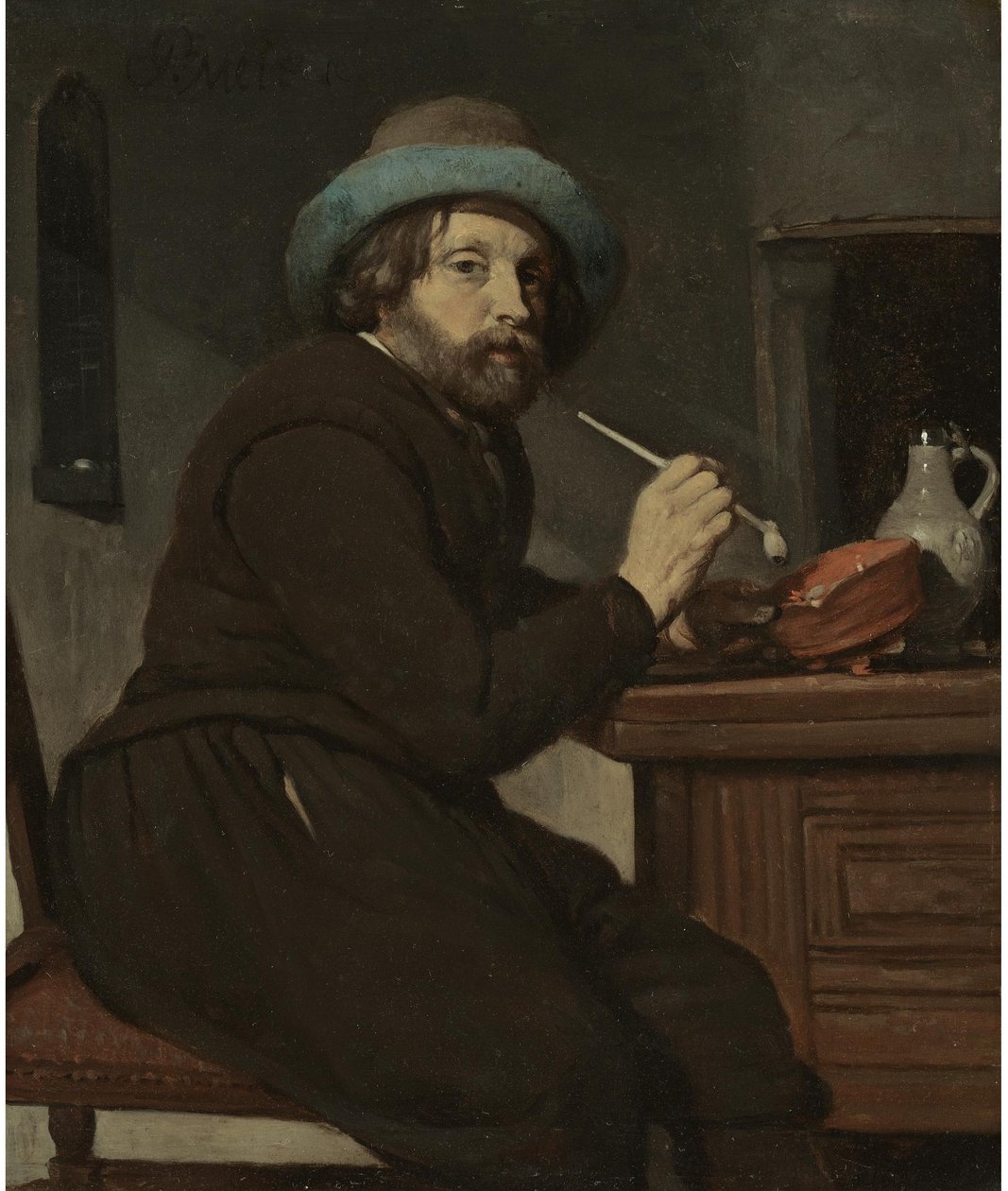 Fumatore seduto a un tavolo da Gabriel Metsu