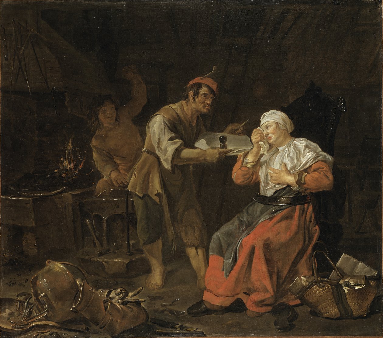 Donna piangente in una bottega di fabbro, c.1650 da Gabriel Metsu