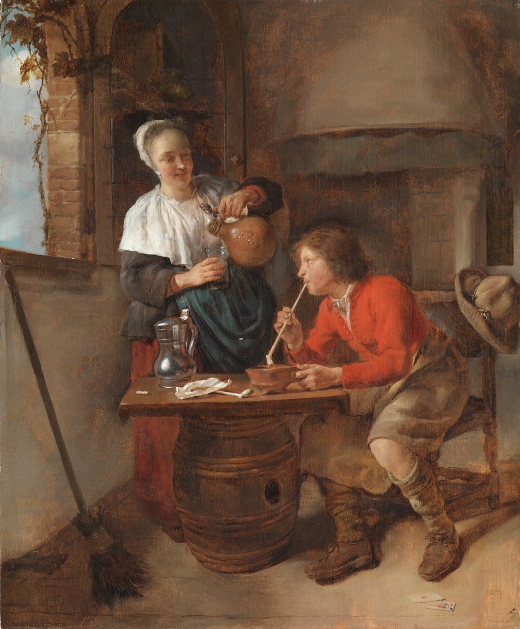 Giovane uomo che fuma e una donna che versa birra da Gabriel Metsu