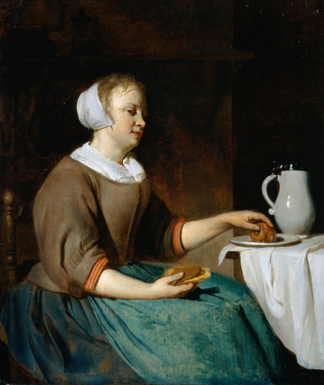 Giovane donna che mangia a tavola da Gabriel Metsu