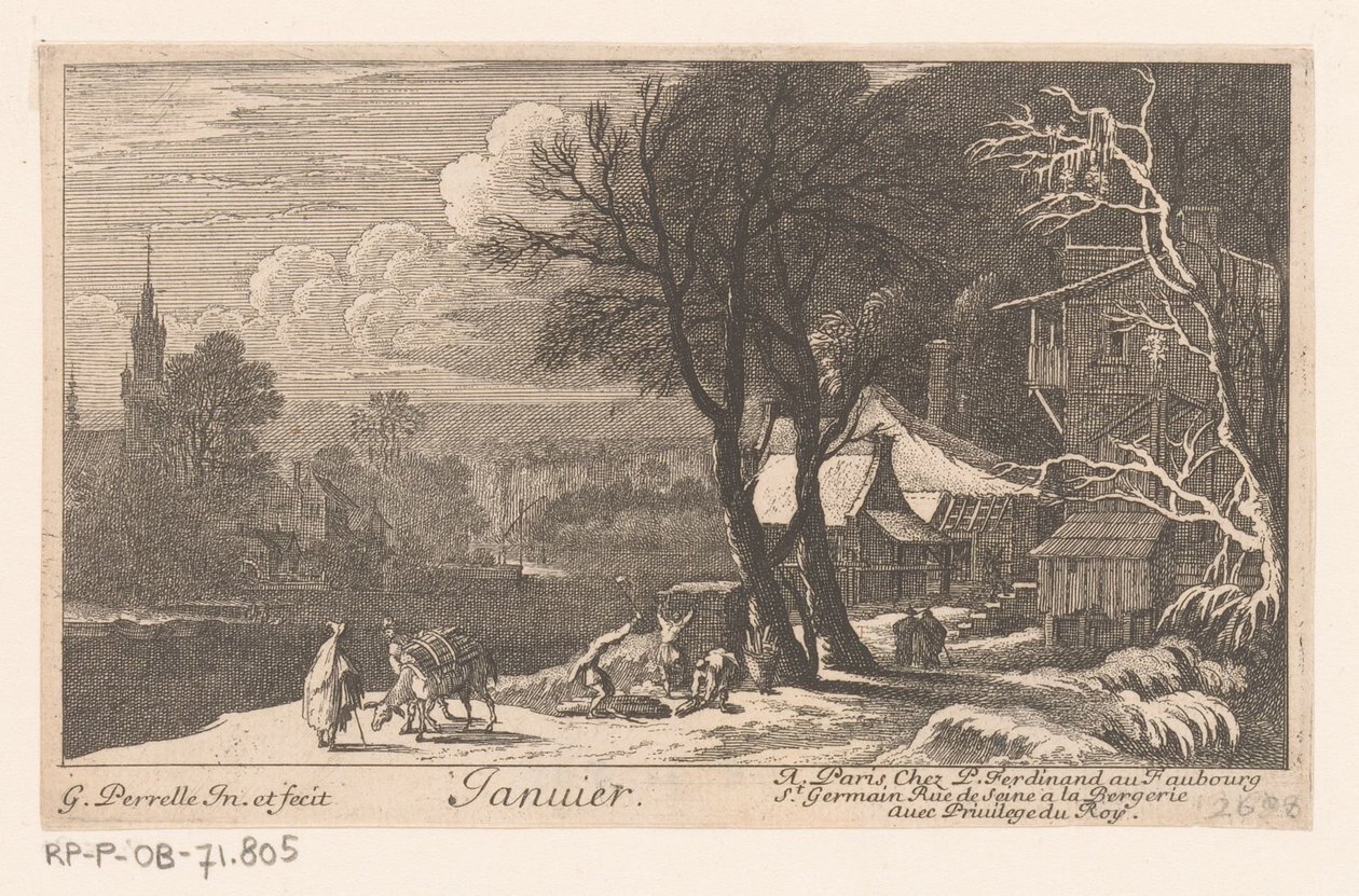 Stampa del titolo con paesaggio nel mese di gennaio (serie: Dodici mesi) da Gabriel Perelle